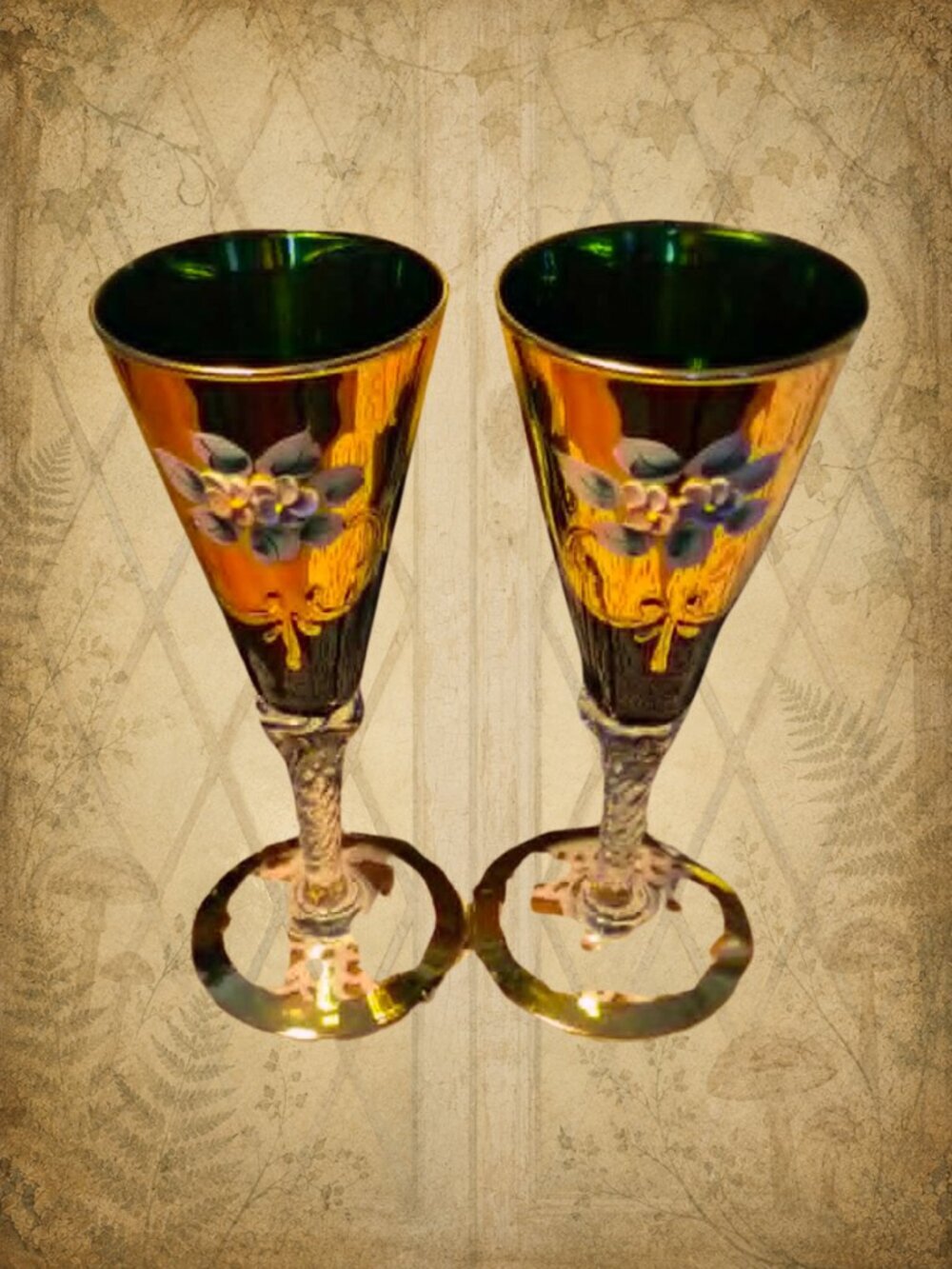 Fairy Tales 👑🧚‍♀️ Vintage Green & Gold Hand-Painted Glasses - Bohemian Glass